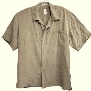 Burma Bibas Button Down Shirt Mens Khaki Tan 100% Silk Camp Collar Resortwear  L